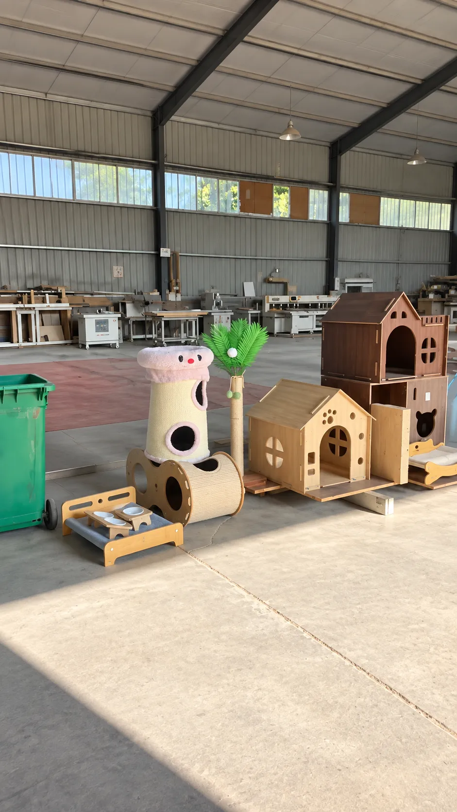 Pet furniture and production equipment inside a factory workshop in China.