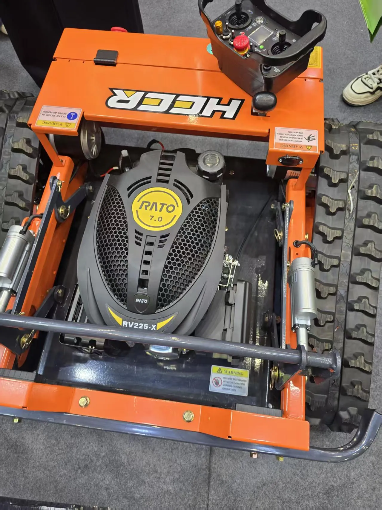 Remote-controlled mower photographed at a China industry exhibition.