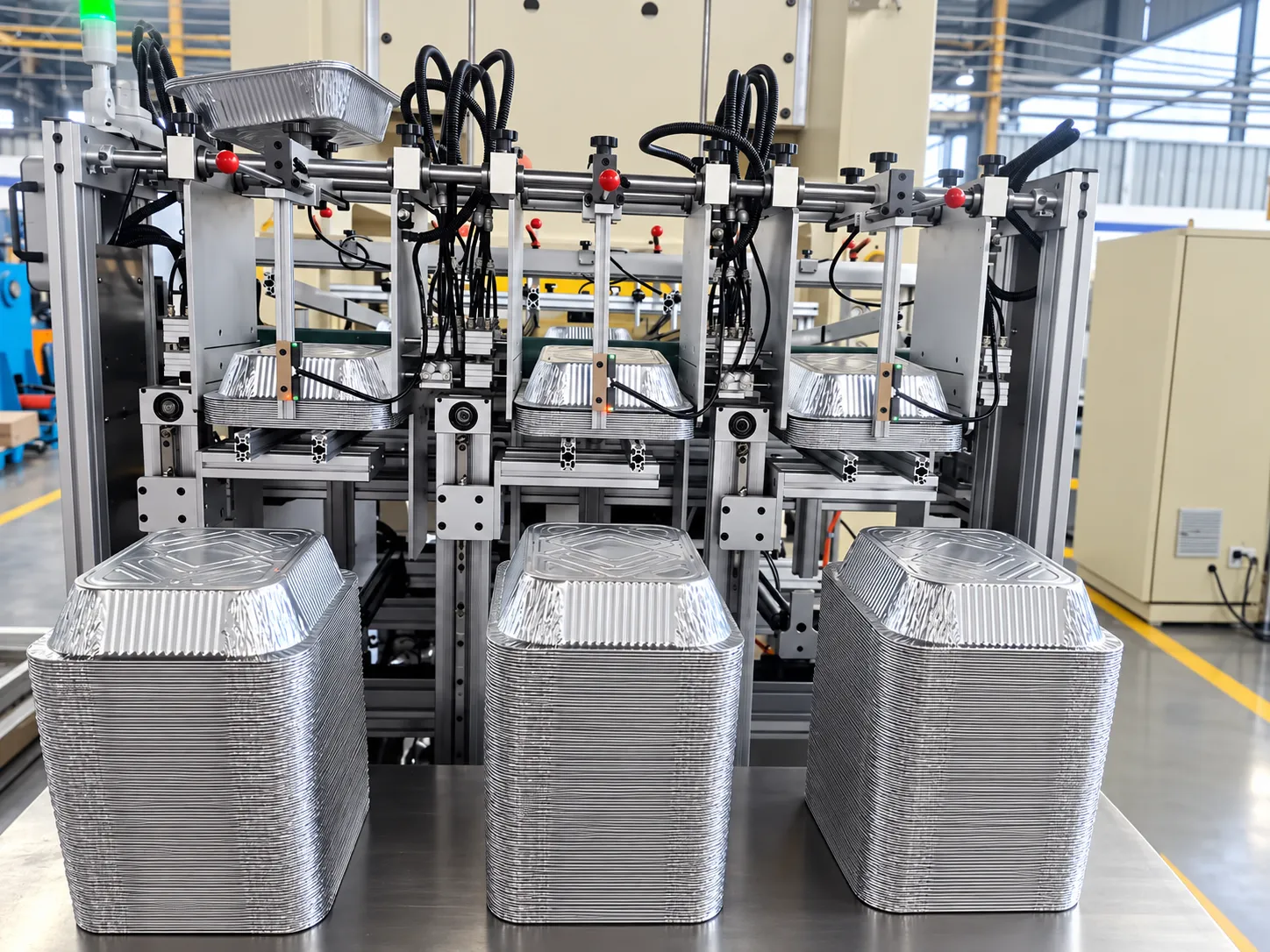 Stacks of completed aluminum foil containers beside active production equipment.
